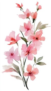 Watercolor ink botanical art, spring pink flowers on white background 