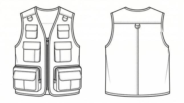Utility Cargo Fishing Vest Technical Flat Sketch Front and Back View Fashion Template