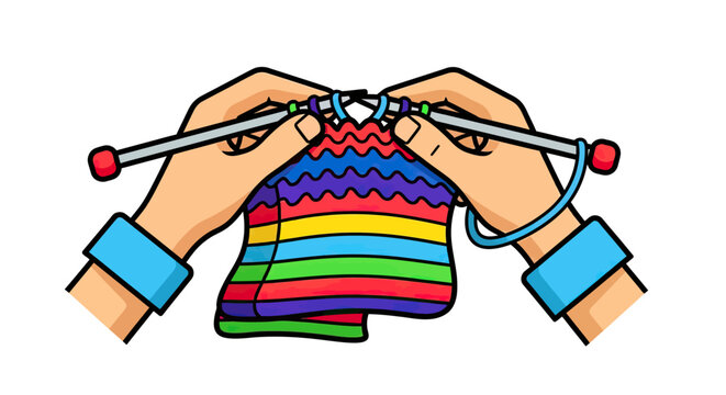 Hands knitting colorful rainbow pattern with needles.