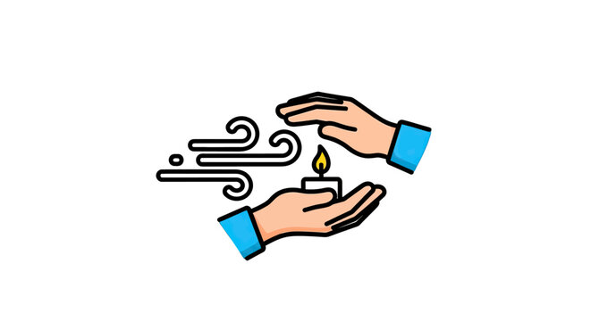 Hands shielding candle flame from strong wind.