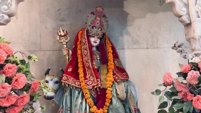 Sacred idol of Goddess Shailputri seated with Nandi, beautifully decorated with floral garlands and vibrant ceremonial clothing inside a Hindu shrine. A revered representation of divine energy.