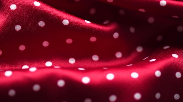 Polka dots red satin background, red with white silk backdrop. Closeup view of red polka dot fabric texture, top view, flat lay, rotating. 