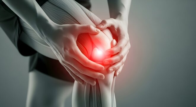 Close up of hands holding an aching knee with highlighted pain. Medical orthopedic injury and rehabilitation concept. Visualization of knee joint discomfort