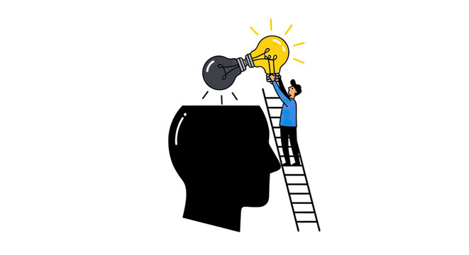 Tiny people changing a lightbulb inside a head silhouette.