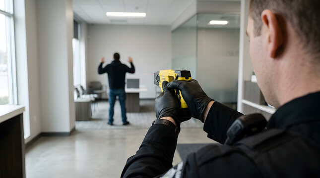 Police Officer Aiming Yellow Taser Stun Gun at Suspect During Arrest
