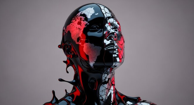 Cybernetic head with a red map cracking on black metallic surface. Global breakdown and technology dominance concept. Humanoid face looking up with cracked world continent shapes