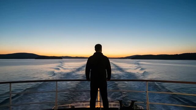 A solitary man watching the peaceful ocean sunset from a ferry deck railing
