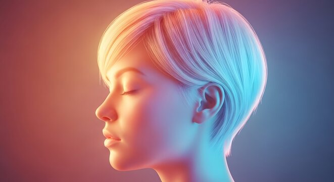 Profile view of a woman with short hair. Serene thoughts and mindfulness concepts. Close up portrait with soft lighting and vibrant blue and orange gradient