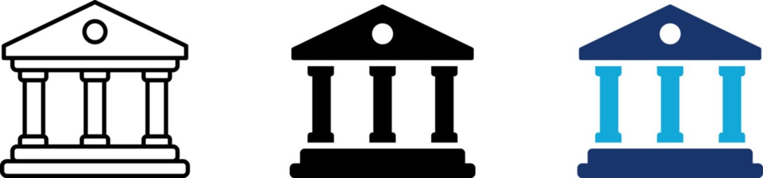 Bank building icon set showing professional neoclassical government architecture with greek pillars for corporate finance court house authority museum and legal city hall