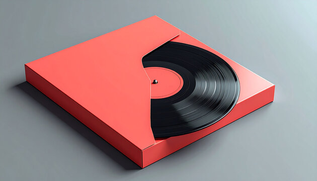 Minimalist 3D render of a black vinyl record disk sliding into a vibrant red cardboard sleeve mockup on a grey studio background