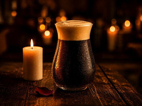 Nitro Cold Brew Coffee in Curved Glass with Creamy Foam and Burning Candle, Romantic Candlelight Evening with Rose Petal and Warm Bokeh Lights, Fine Dining Dark Aesthetic