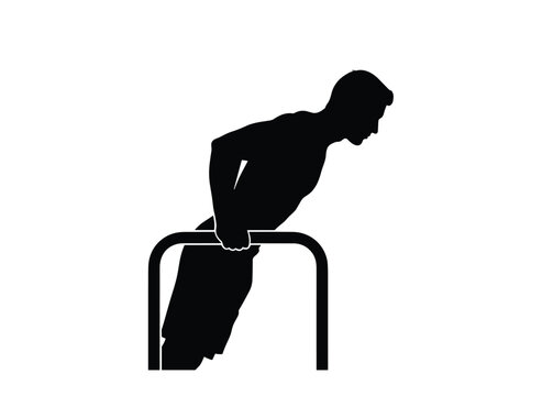 Strong male athlete performing triceps dips on parallel bars, demonstrating upper body strength and effective resistance training.