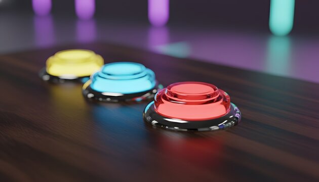 Glowing colorful arcade game buttons on a dark wooden desk, representing interactive gaming and play at the Gamescom video game conference concept with neon bokeh lighting