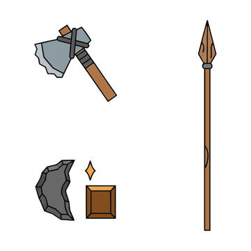 Minimalist line art icons of prehistoric tools including a stone axe spear and flint tool isolated on a white background archaeological museum concept