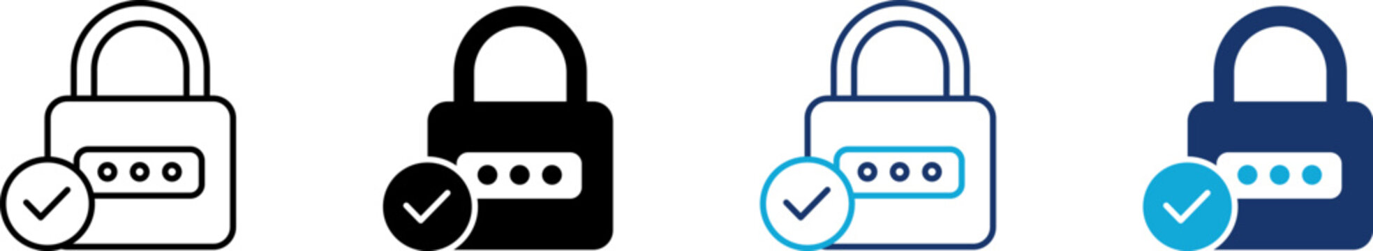 Password lock icon set showing professional approved access validation with pin code padlock and checkmark circle for secure authorization login data privacy and identity encryption