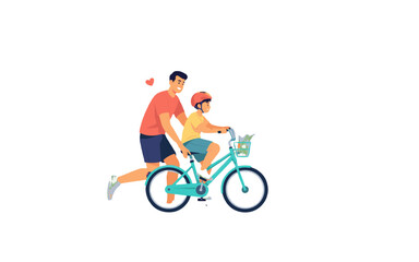 Fototapeta premium A father teaching his son to ride a bicycle with a smile.