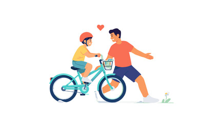 Fototapeta premium A father proudly teaches his son to ride a bicycle, with a small heart symbolizing their love and connection.