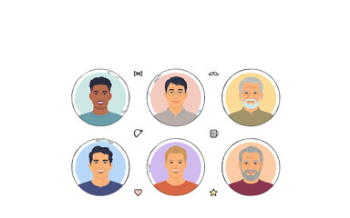 Fototapeta premium Six illustrated circular portraits of men with diverse ages and ethnicities.