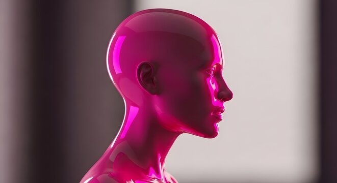 Glossy pink humanoid head profile. Identity and artificial intelligence concepts. Abstract 3d render of a smooth female face silhouette in a minimalist studio setting