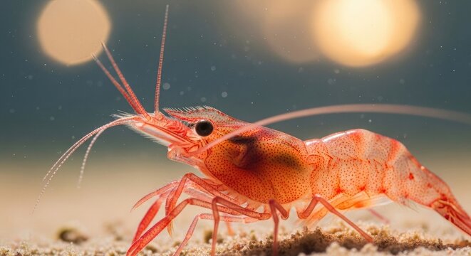 Detailed Macro Shot of a Vibrant Red Shrimp in its Natural Habitat.