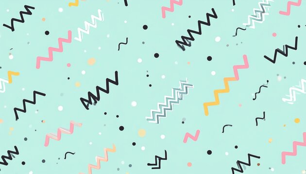 Pastel green background with colorful zigzags, dots, and squiggles