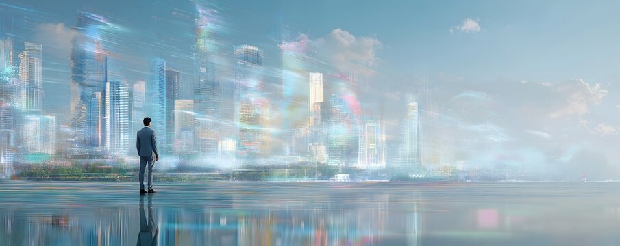 A man in a suit stands and looks out onto a smart cityscape embellished with ethereal, shimmering light effects.
