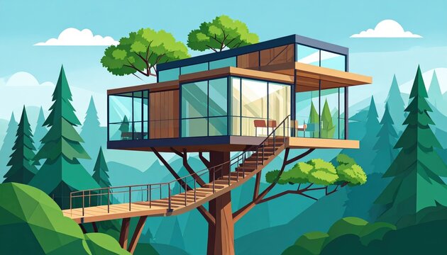 Modern treehouse nestled among pines, boasting glass walls and a wood walkway