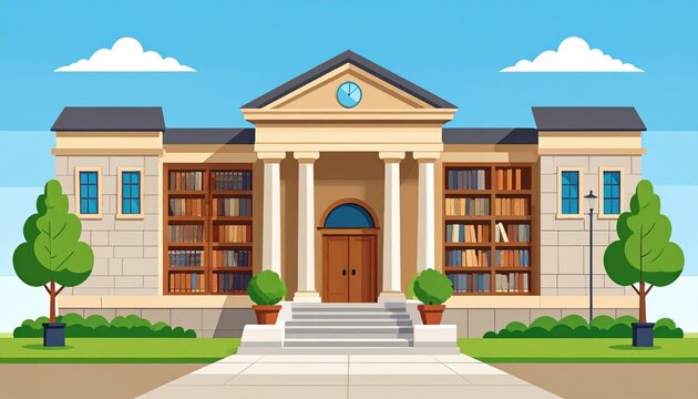 Cartoon depiction of a classical library building under a clear blue sky