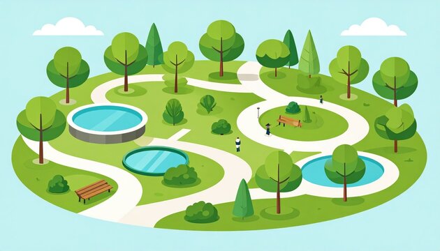 Cartoon park scene with winding paths, trees, ponds, and small figures