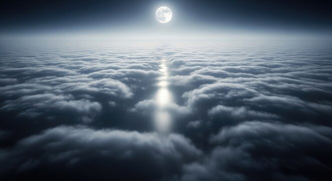 Spectacular Night Sky Above the Clouds with a Full Moon and Light.