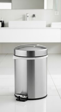 Stainless Steel Trash Can in Bathroom.