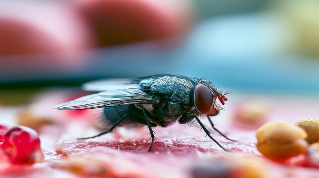 Close-up view of a fly on food showing details of its body and environment during daylight