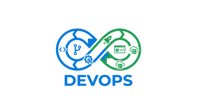 DevOps Infinity Loop Logo with Icons Representing Software Development and Operations
