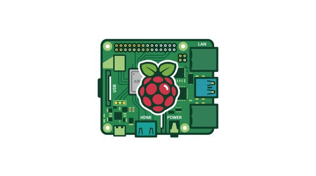 Raspberry Pi Single Board Computer with Logo, Electronic Components, Green Circuit Board