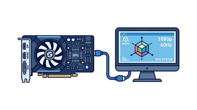 Computer Graphics Card Connected to Monitor Displaying GPU Status