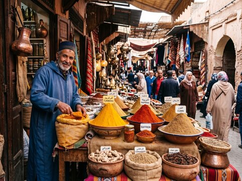 Colorful Moroccan Spice Market Souk with Turmeric and Saffron