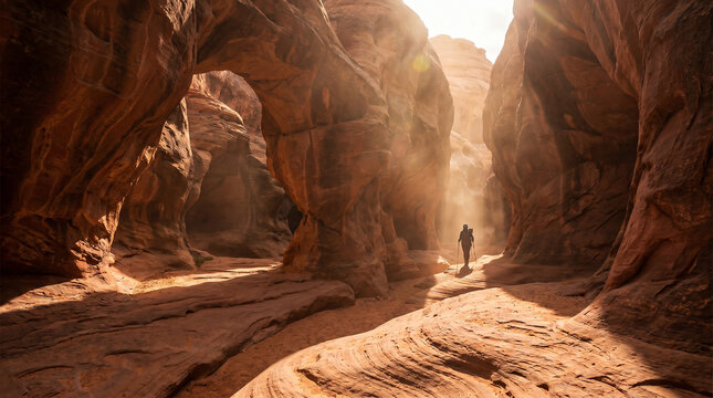 Hiker walking through a sunlit slot canyon in the desert with light beams shining down from above.