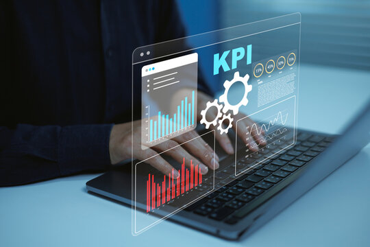 KPI month dashboard analytics, Businessman working summarize on laptop business performance charts, data visualization and digital metrics monitoring productivity, strategic planning enterprise growth
