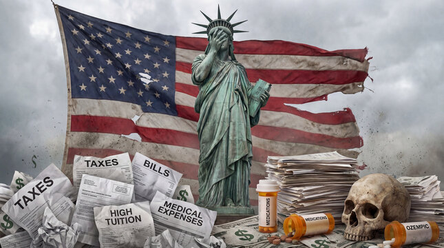 Dismal Statue of Liberty disappointed with a grungy torn USA flag in the background, with tuition, bills and medical expenses piling up