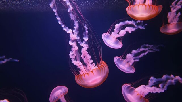 Pink jellyfish with long tentacles floating in dark blue water