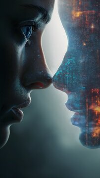 A human face is depicted in profile, appearing to establish contact with a digital, holographic entity of comparable shape.