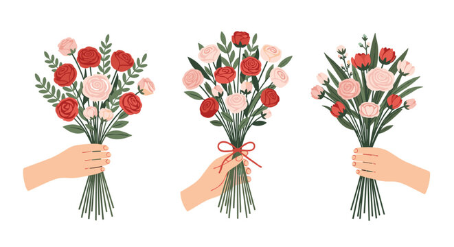 Three hands hold different beautiful bouquets of red and pink roses for a romantic gift, celebration, or special occasion.