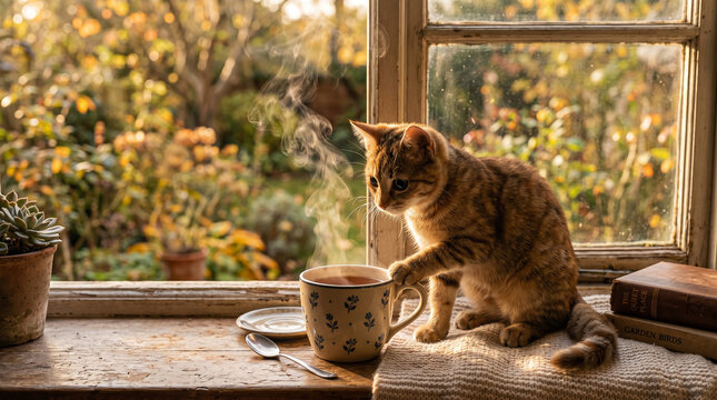 Kitten reaching for cup of hot tea on windowsill with autumn garden background warm sunlight steam rising.