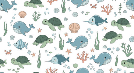 Fototapeta premium Detailed seamless pattern showcases various sea creatures including whales, sea turtles, fish, crabs, and corals on white background.
