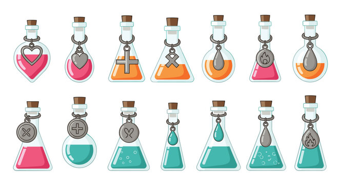 Collection of magical potion bottles in various shapes contains colorful liquids and features metallic charms with different symbols.