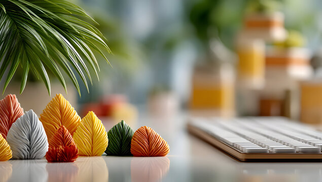 A close-up of colorful leaves on a keyboard, each leaf made from different colored plasticine, on an interactive whiteboard with bright. generated ai