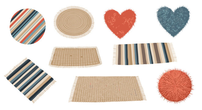Selection of various home rugs and carpets in different shapes, patterns, and textures like circles, hearts, and rectangular striped designs.