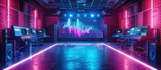 Neon-lit music studio with soundwave display, mixing console, and speakers. © vixion