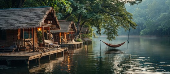 Obraz premium Wooden cabins on stilts over a calm lake with a hammock hanging in the water.