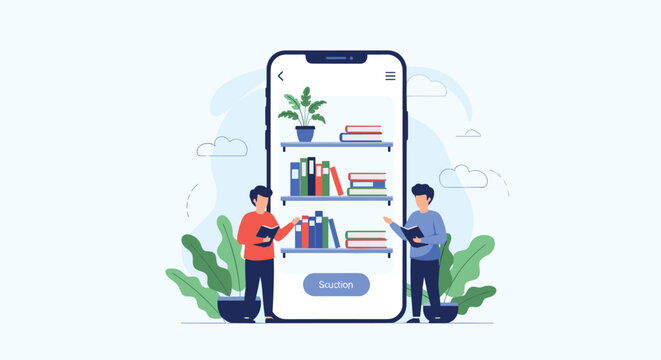 Two students stand next to a giant smartphone displaying a digital library app with shelves full of various books.
